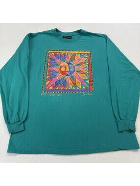 Vintage 90s Sun Moon Face Laura Burch Art Long Sleeve Shirt Size Large Blue